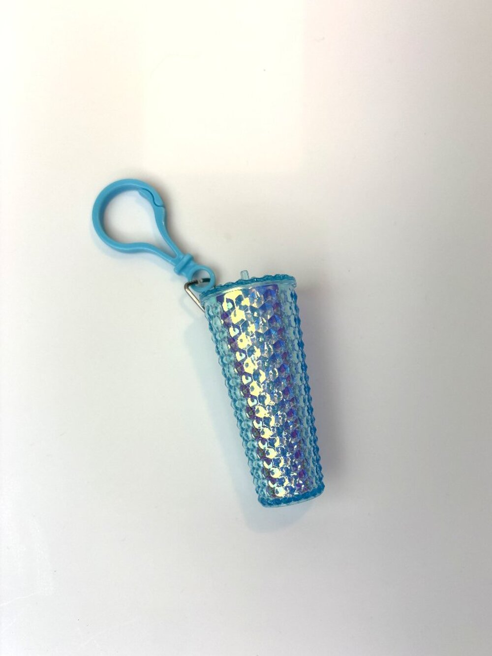 Mini Drink Studded Cup Tumbler Keychain Bag Charm in iridescent blue. New no tag